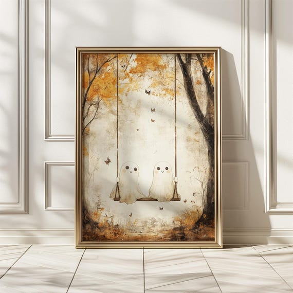 Vintage Ghosts At Swing Art Print Halloween Wall Poster Spooky Decor