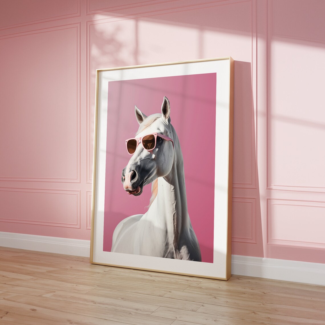 White Horse Wearing Pink Sunglasses Funny Studio Pop Art Poster