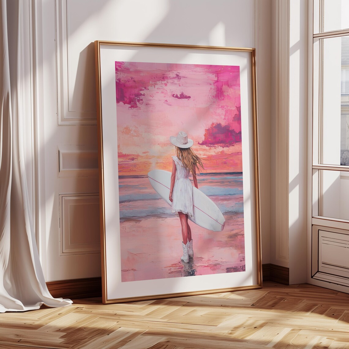 Pink Cowgirl Surfer Girl Beach Sunset Preppy Western Coastal Poster