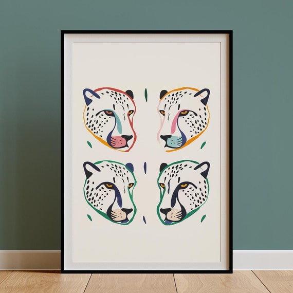 Abstract Cheetah Wall Art Matisse Bold Line Drawing Unique Retro Painted Feline Print Eclectic Modern Decor Living Room Maximalist Kitchen