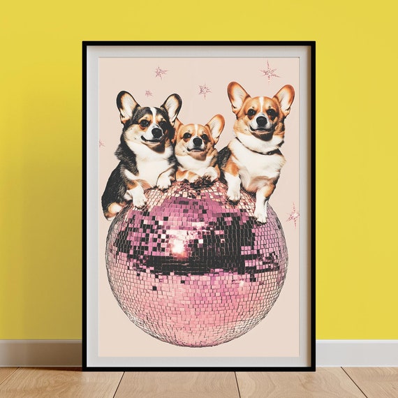 Retro Corgi Vintage Disco Ball Art Print