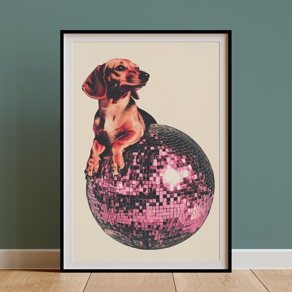 Red Dachshund Puppy Resting on a Pink Disco Ball 70s Retro Poster