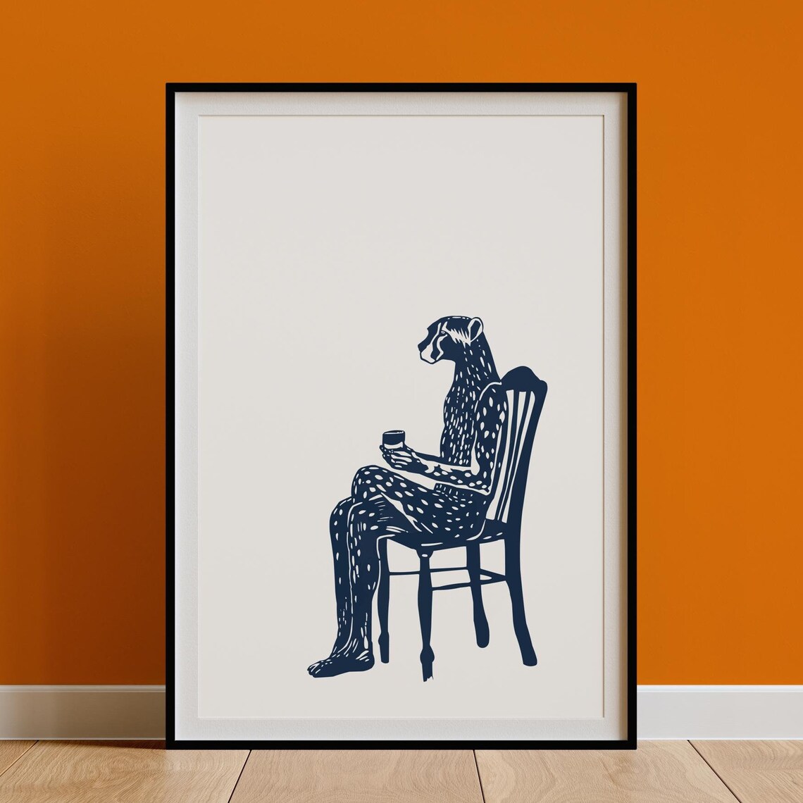 Cheetah Person Drinking Coffee Linocut Style Poster Whimsical Decor