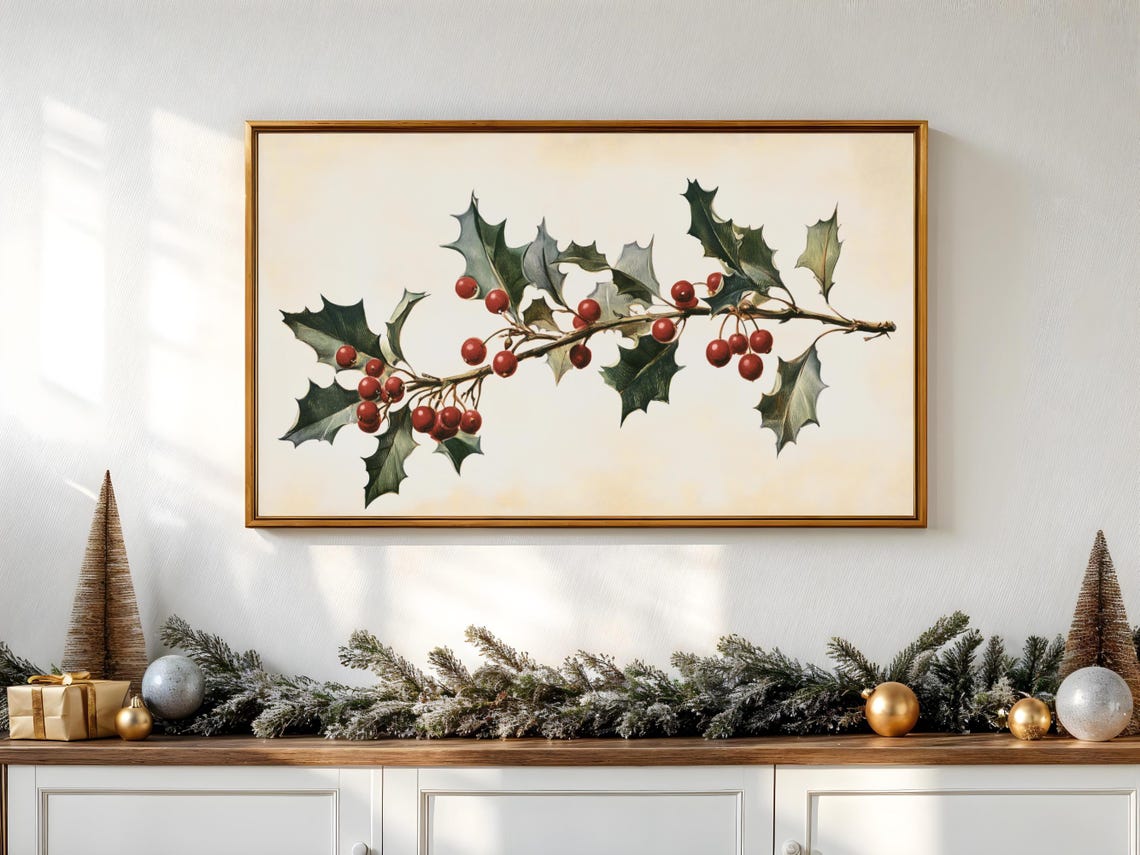 Holly Branch Red Berries Vintage Christmas Botanical Print Poster