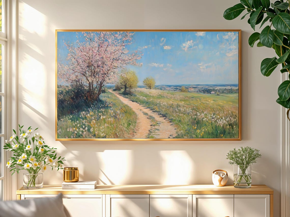 Spring Blossom Trees Path Meadow Vintage Landscape Painting Print - Image 2