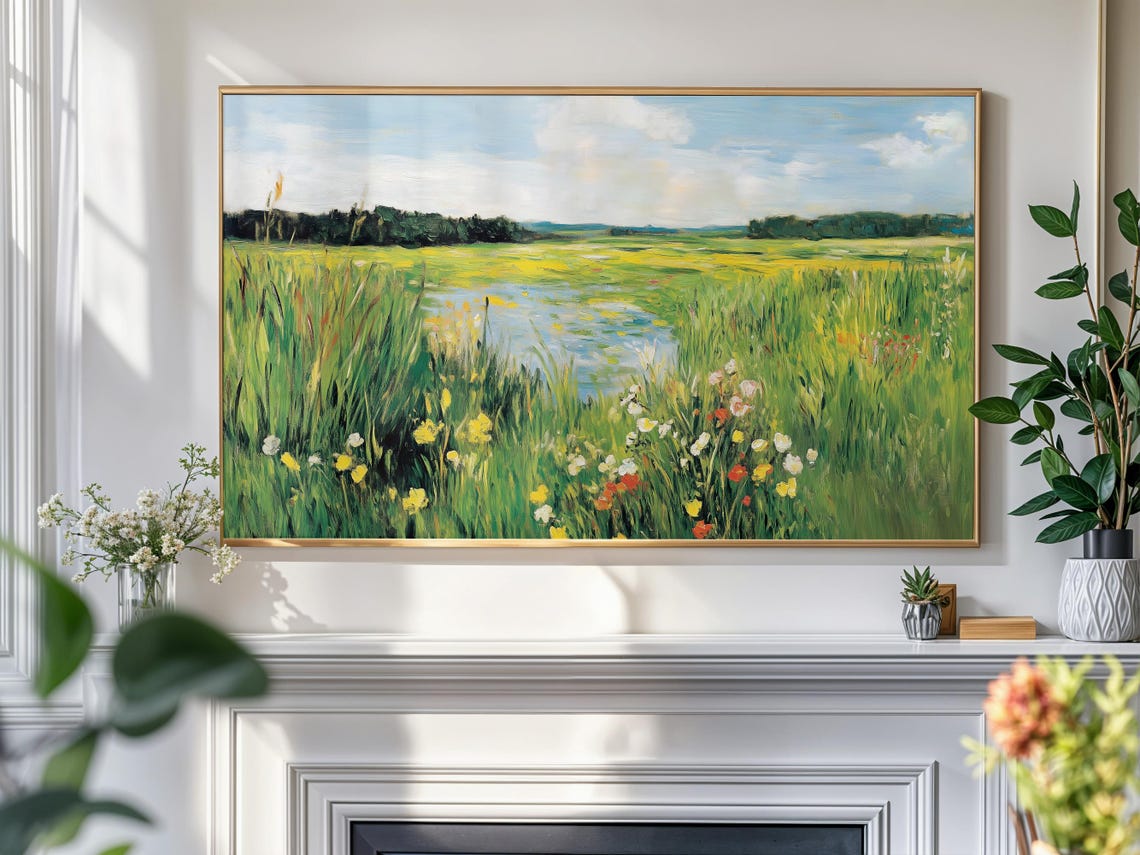 Spring Wildflower Meadow Stream Vintage Landscape Painting Print - Image 4