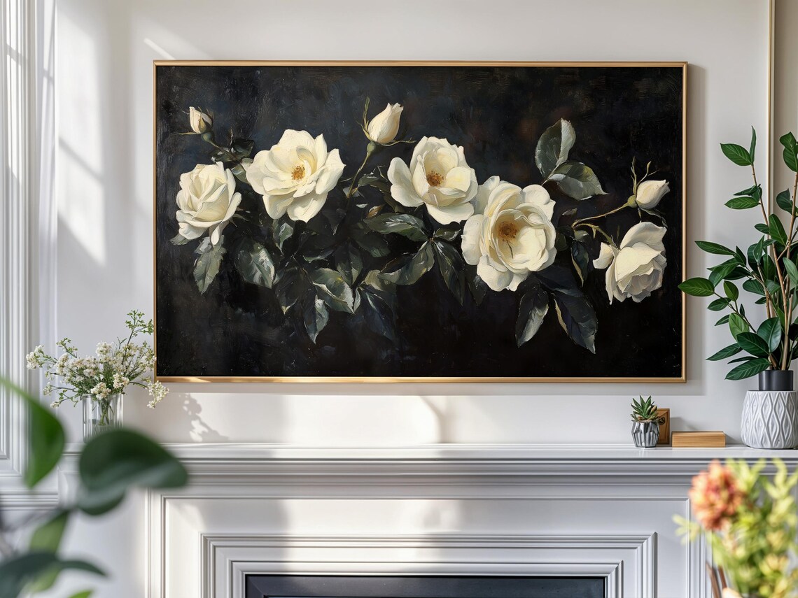 White Roses Dark Moody Vintage Floral Still Life Oil Painting Poster - Image 4