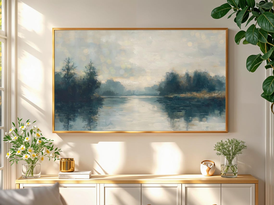 Moody Lake Reflections Dark Forest Vintage Landscape Painting Print - Image 2