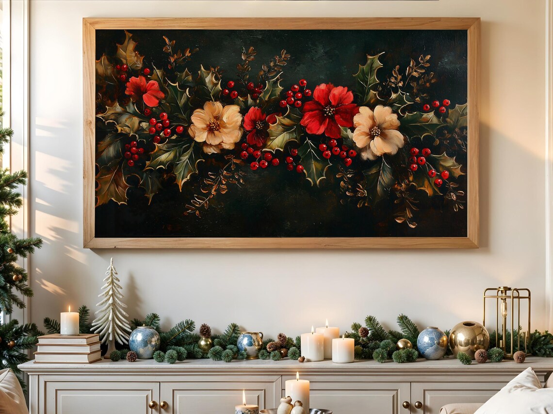 Red Cream Christmas Flowers Holly Berries Dark Vintage Wreath Poster - Image 3
