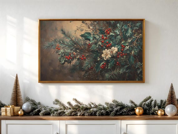 Winter Floral Vintage Holiday Artwork, Rustic Decor