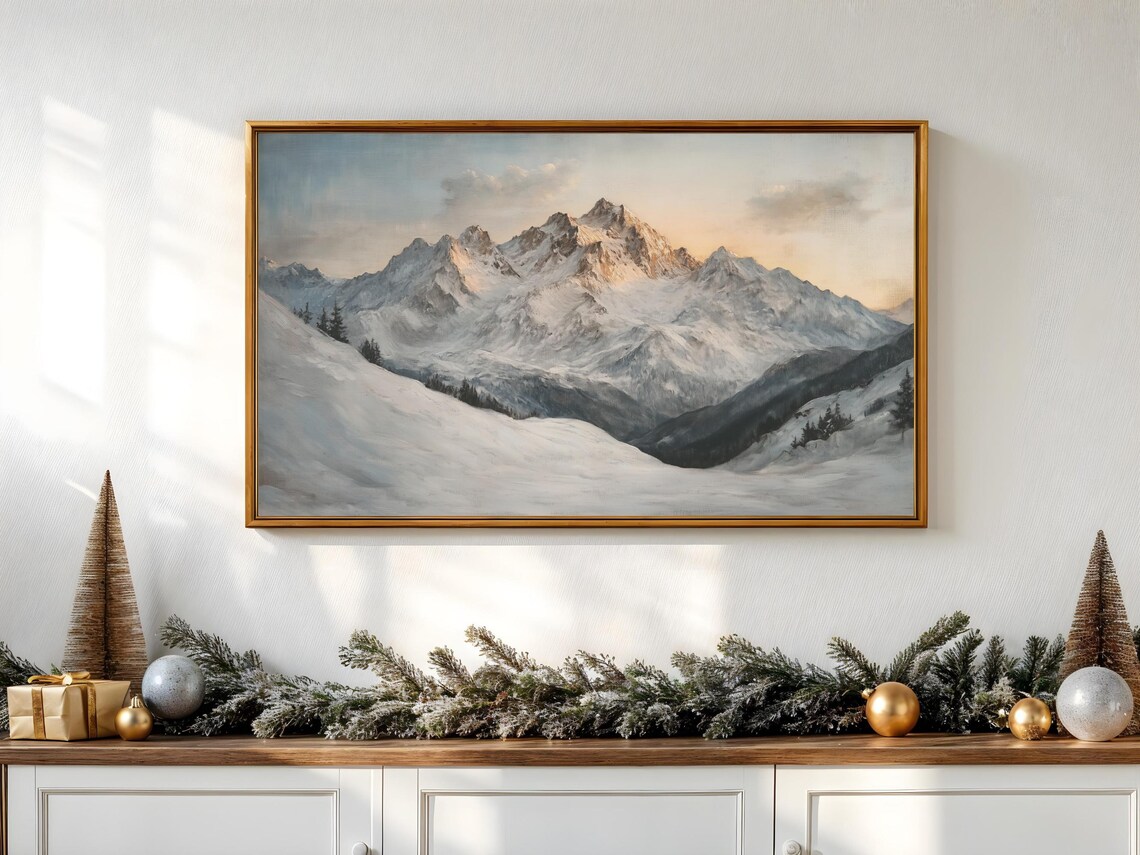 Snowy Mountain Peaks Sunset Winter Landscape Vintage Art Poster