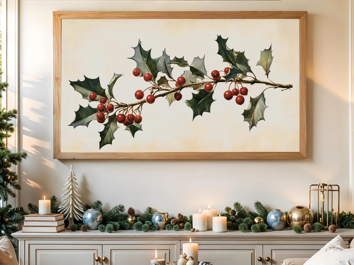 Holly Branch Red Berries Vintage Christmas Botanical Print Poster - Image 3