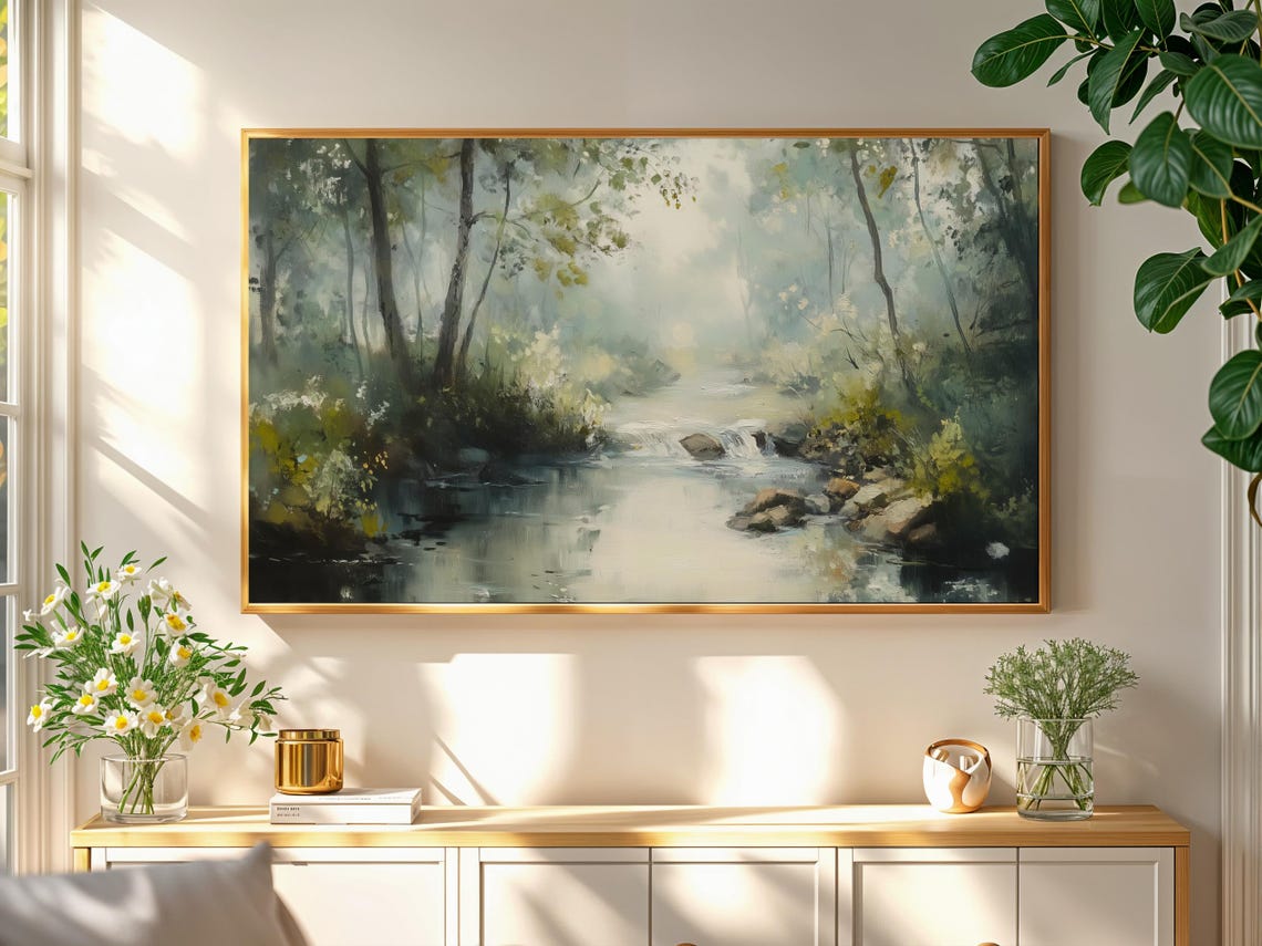Soft Misty Spring Forest River Vintage Nature Painting Print - Image 2