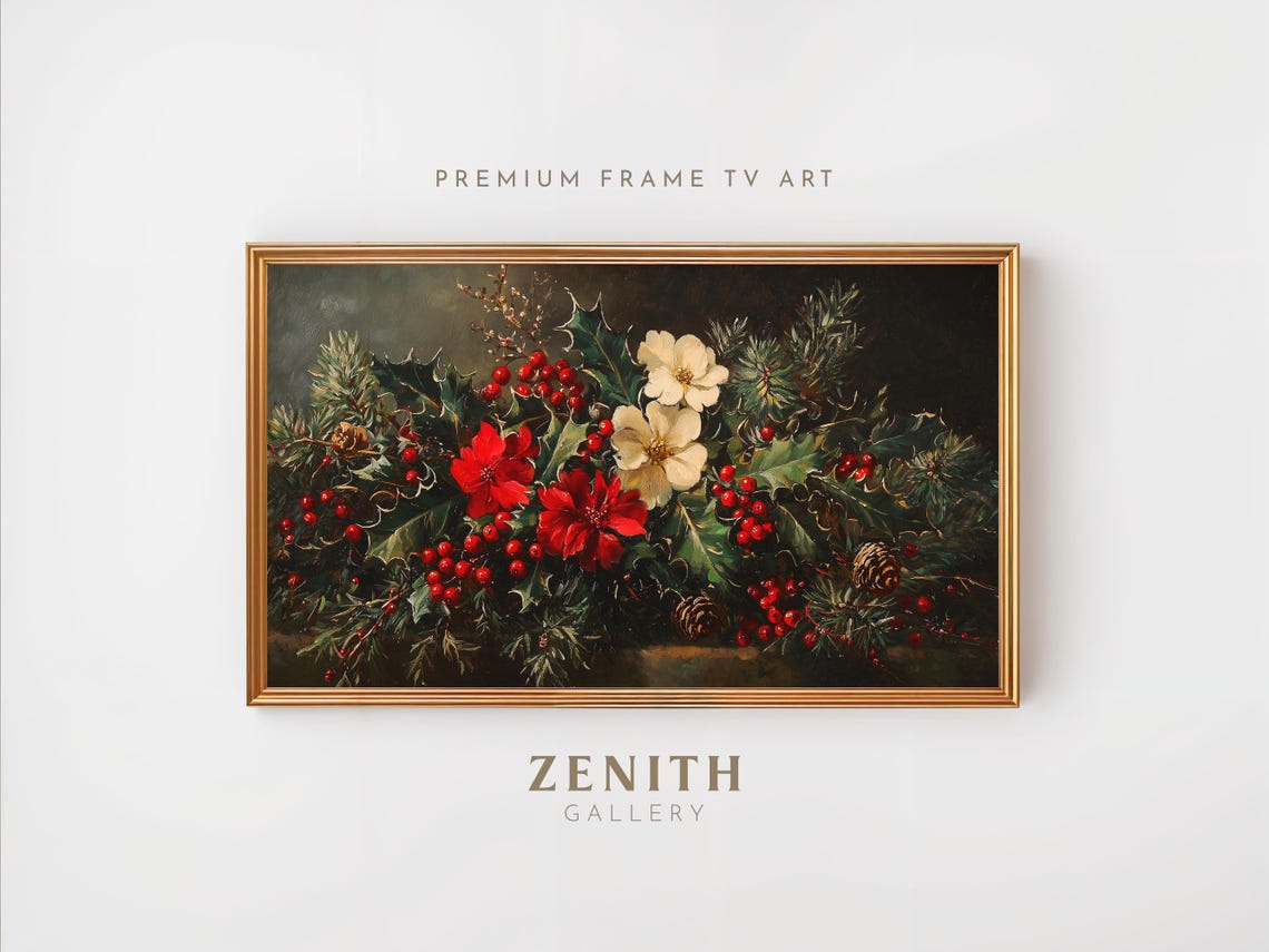 Winter Floral Christmas Frame Tv Art Dark Moody Christmas Decor Antique Holiday Flowers Painting Warm Seasonal Decoration - Image 4