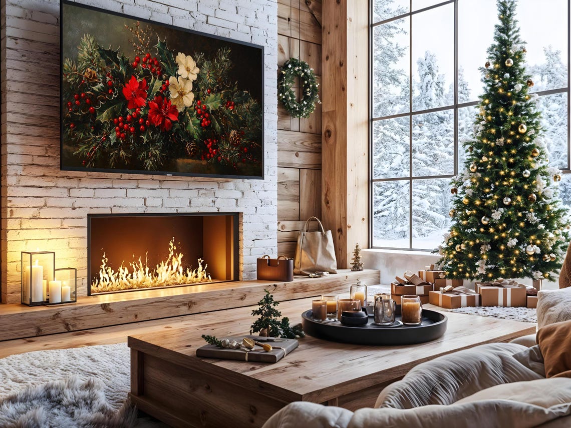 Winter Floral Christmas Frame Tv Art Dark Moody Christmas Decor Antique Holiday Flowers Painting Warm Seasonal Decoration - Image 2