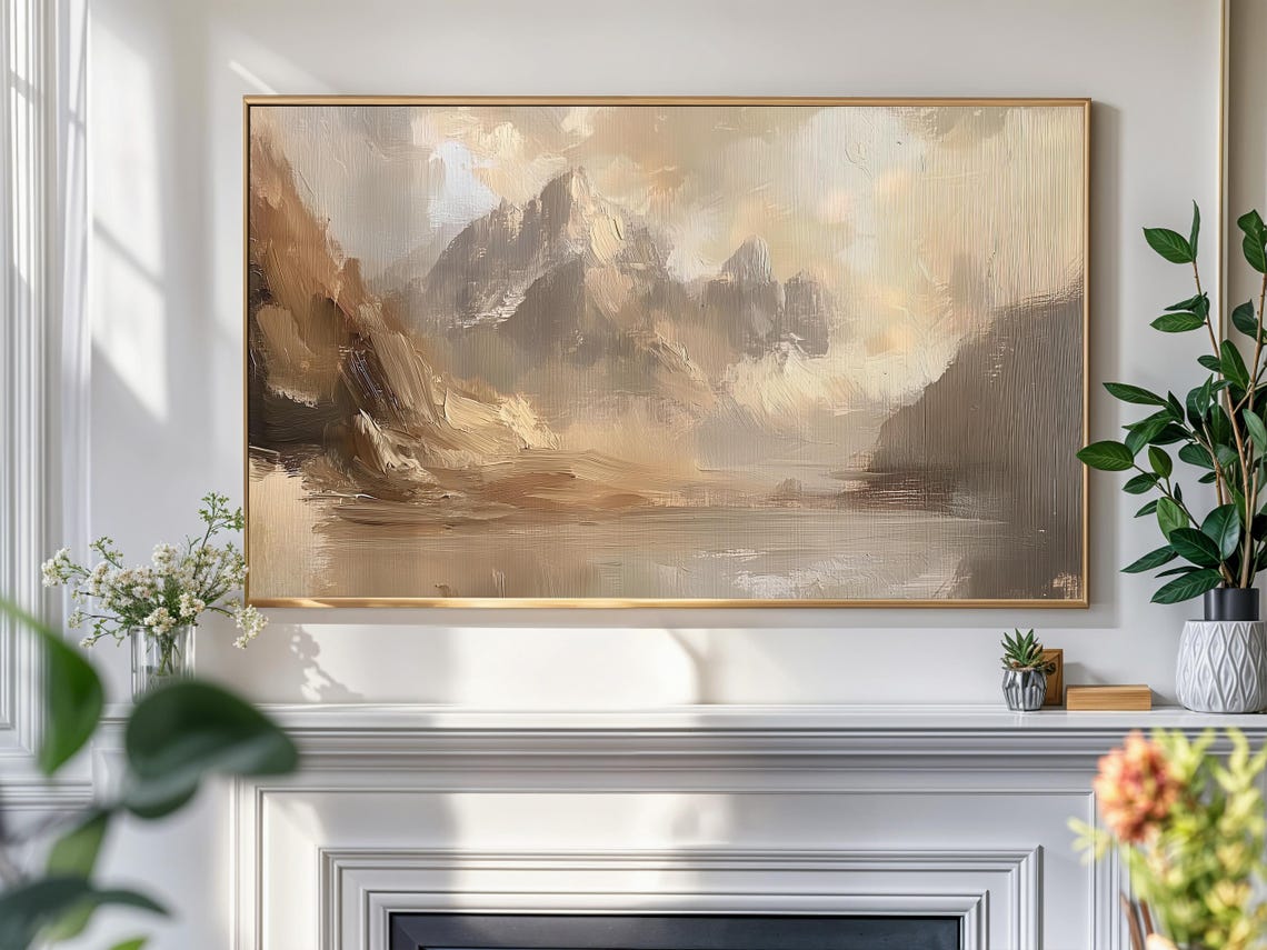 Misty Mountain Lake Brown Neutral Moody Vintage Landscape Poster - Image 4