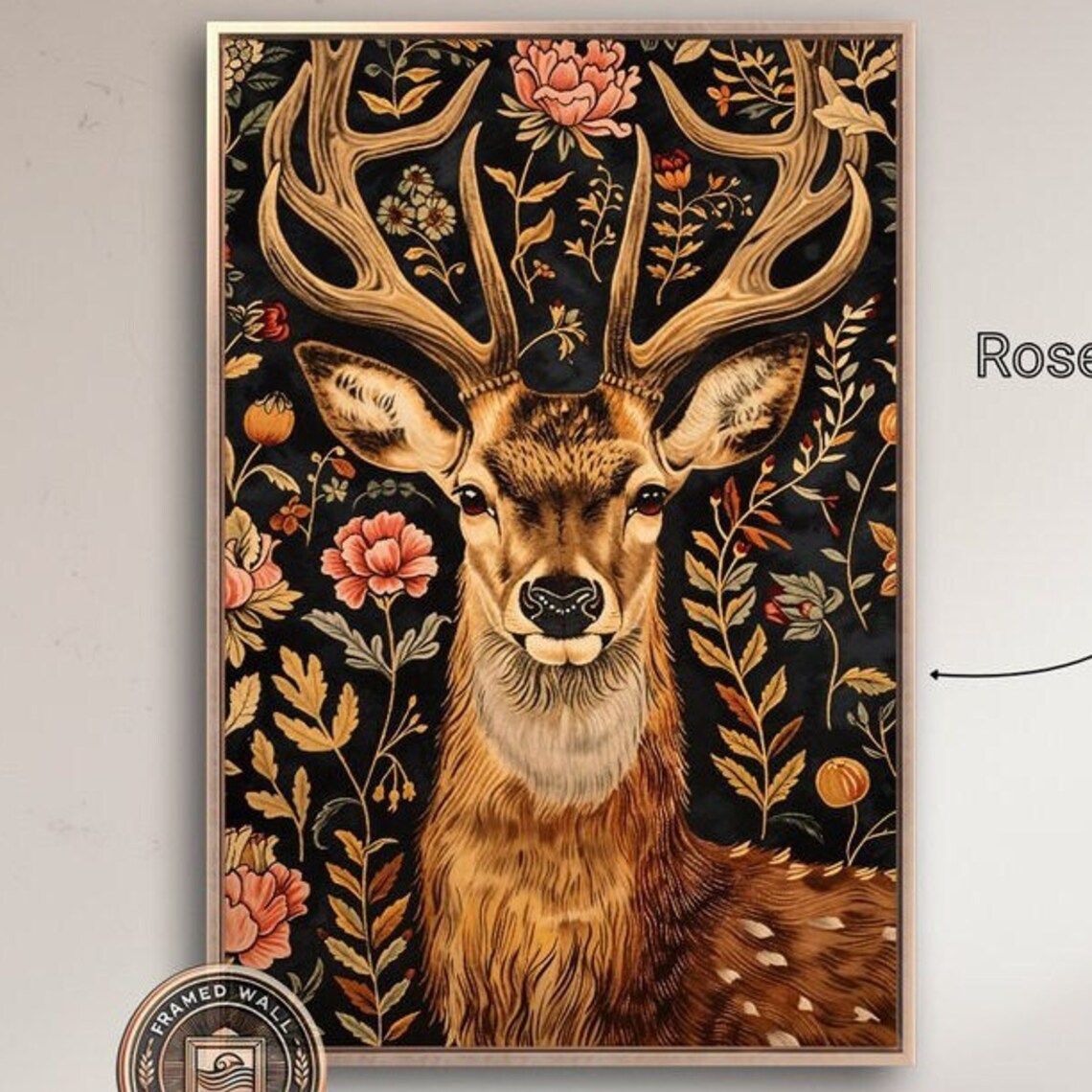 Stag With Grand Antlers Gold Floral Black Background Wildlife Painting Poster