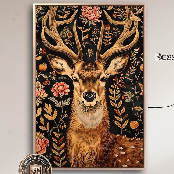 Stag With Grand Antlers Gold Floral Black Background Wildlife Painting Poster