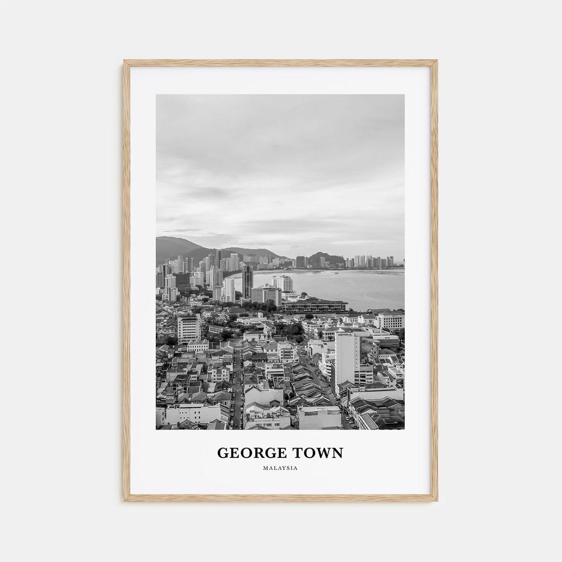 George Town Malaysia Waterfront Cityscape Black White Travel Poster