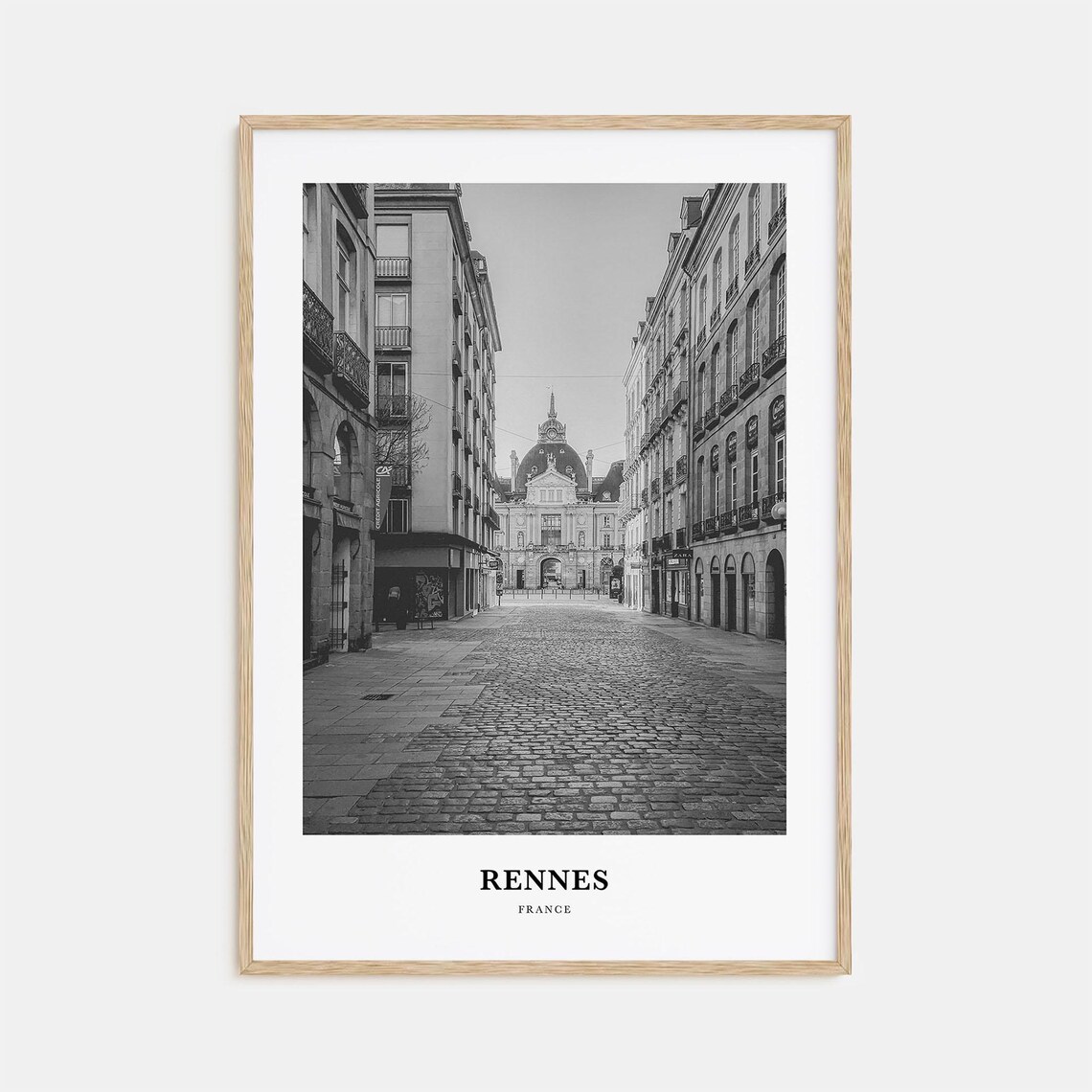 Rennes France Cobblestone Street Old Town Black White Photo Poster