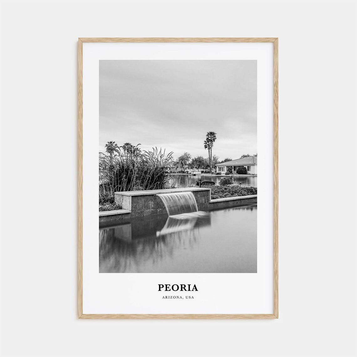 Peoria Arizona Lakeside Waterfall Palms Black and White Poster