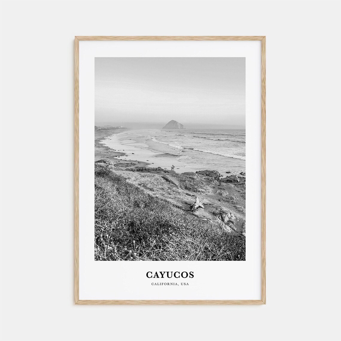 Cayucos California Morro Rock Coastline Black White Travel Poster