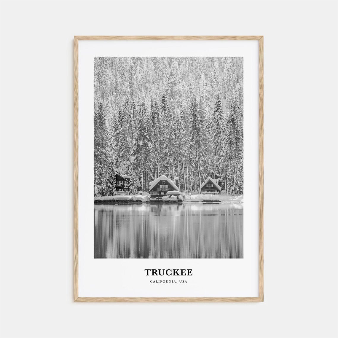 Truckee California Snowy Lakeside Cabins Black and White Poster