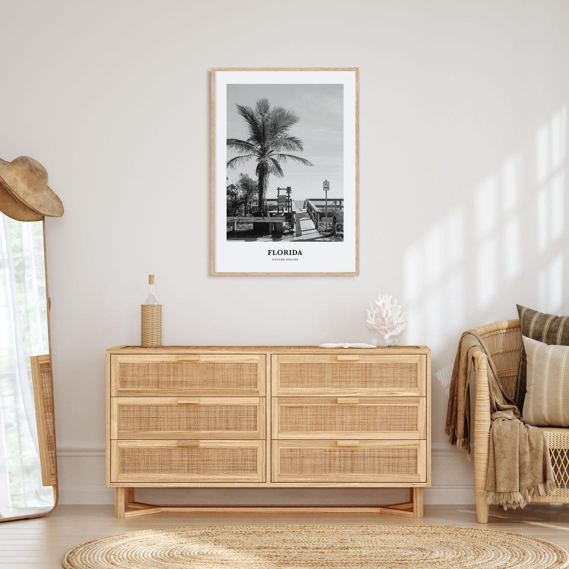 Florida Palm Tree Beach Boardwalk Black and White Photo Poster - Image 3