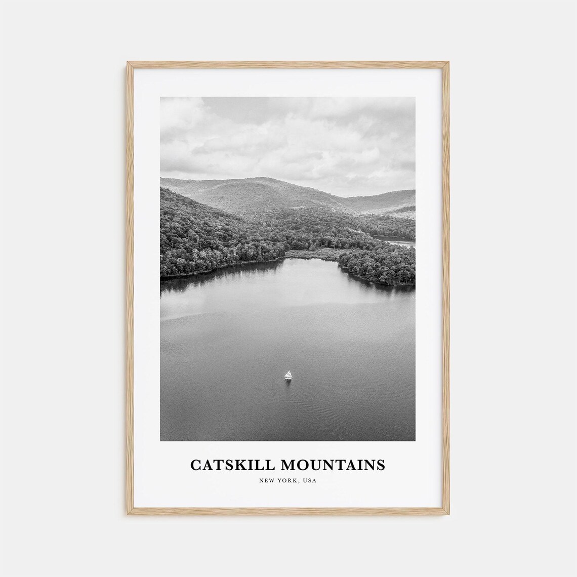 Catskill Mountains New York Lake Sailboat Black White Travel Poster