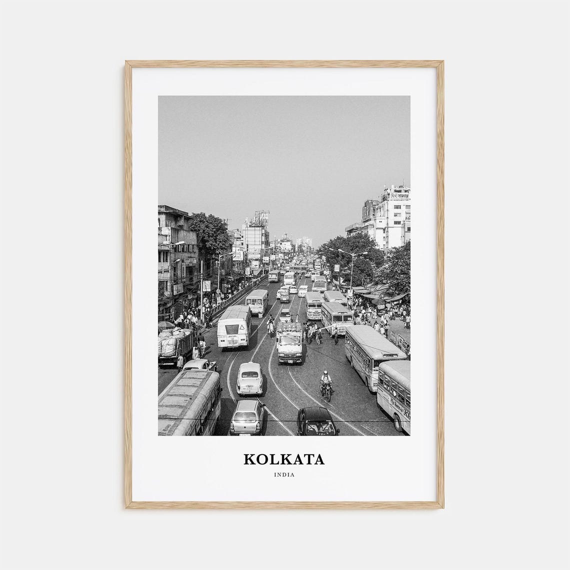Kolkata India Busy Street Traffic With Buses Black and White Poster