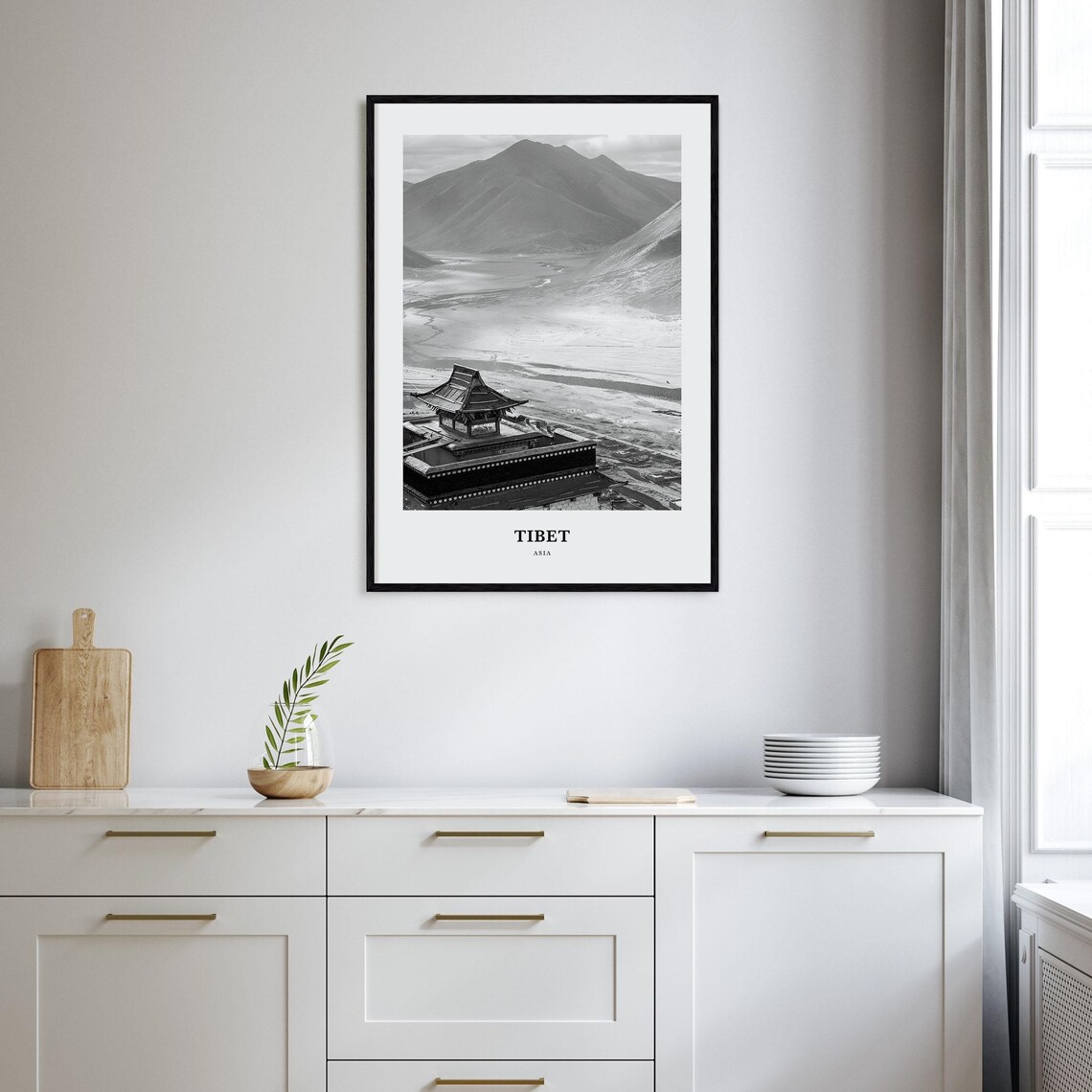 Tibet Monastery Mountain Valley Black and White Travel Poster - Image 2
