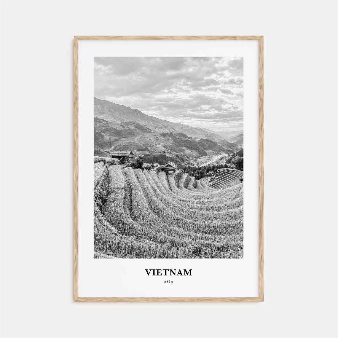 Vietnam Terraced Rice Fields With Mountain Huts Black White Poster