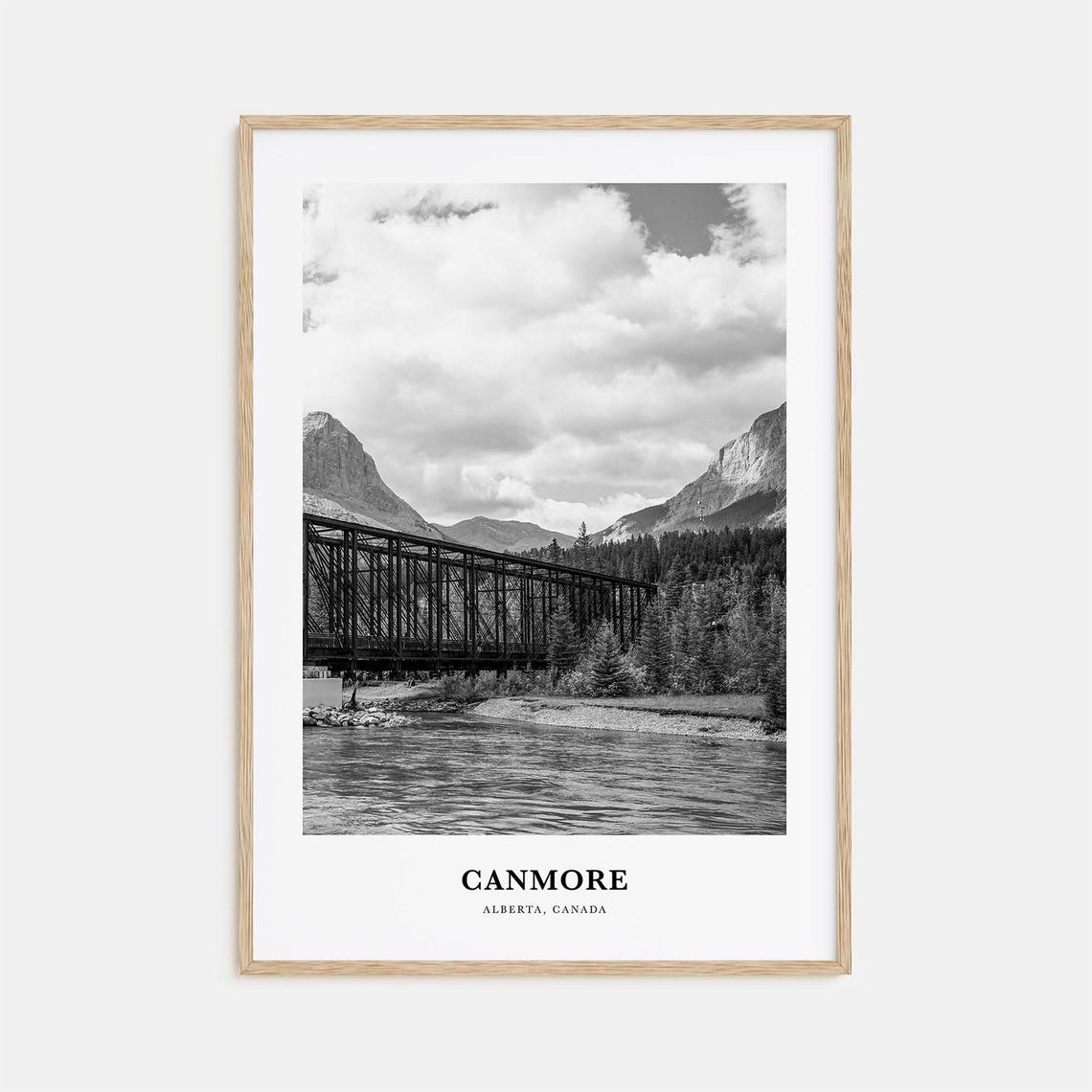 Canmore Alberta Railway Trestle Bridge Mountain Black and White Poster