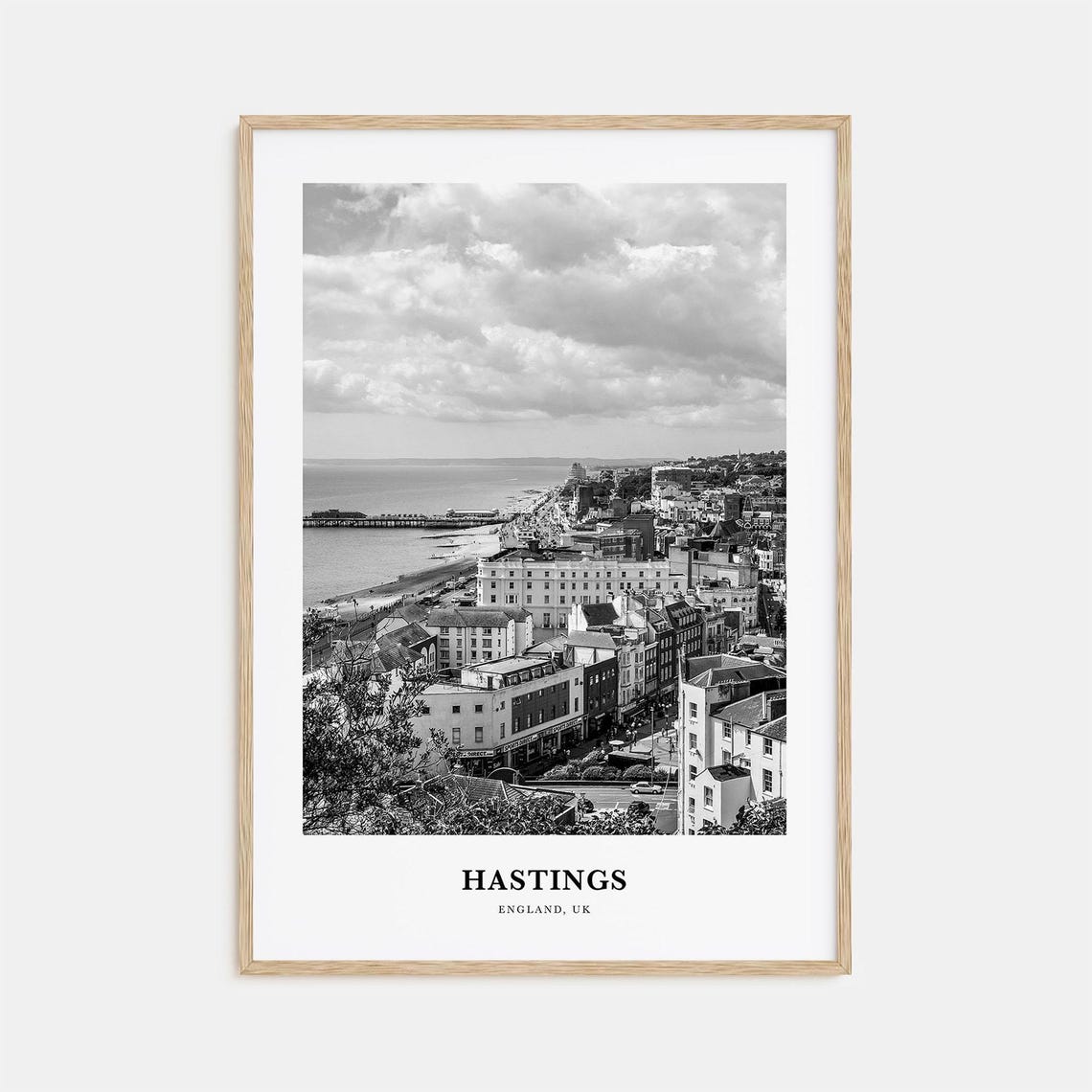Hastings England Seafront Pier Hilltop Town Black White Poster