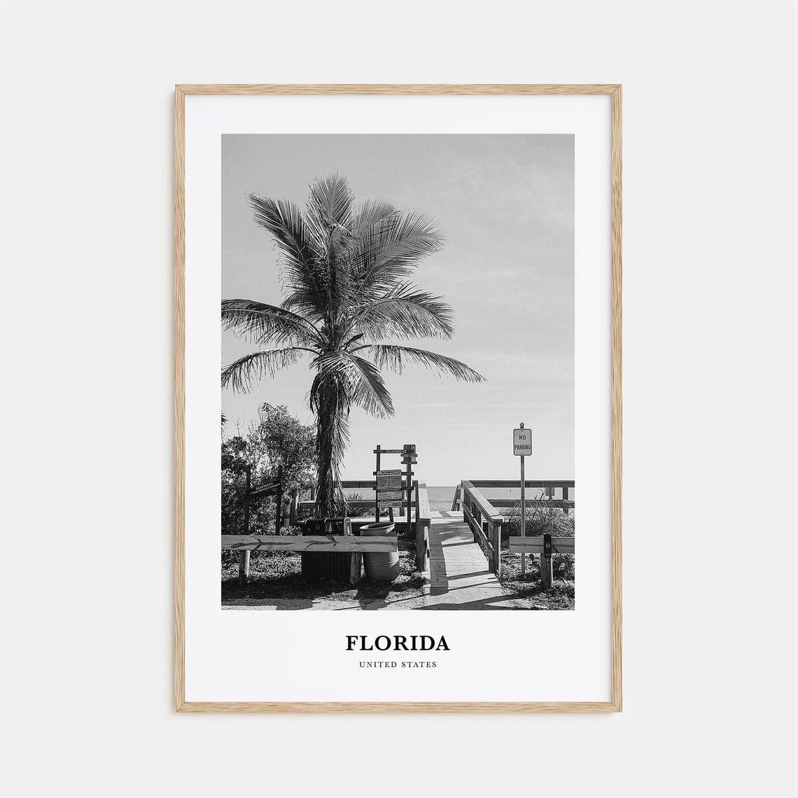 Florida Palm Tree Beach Boardwalk Black and White Photo Poster
