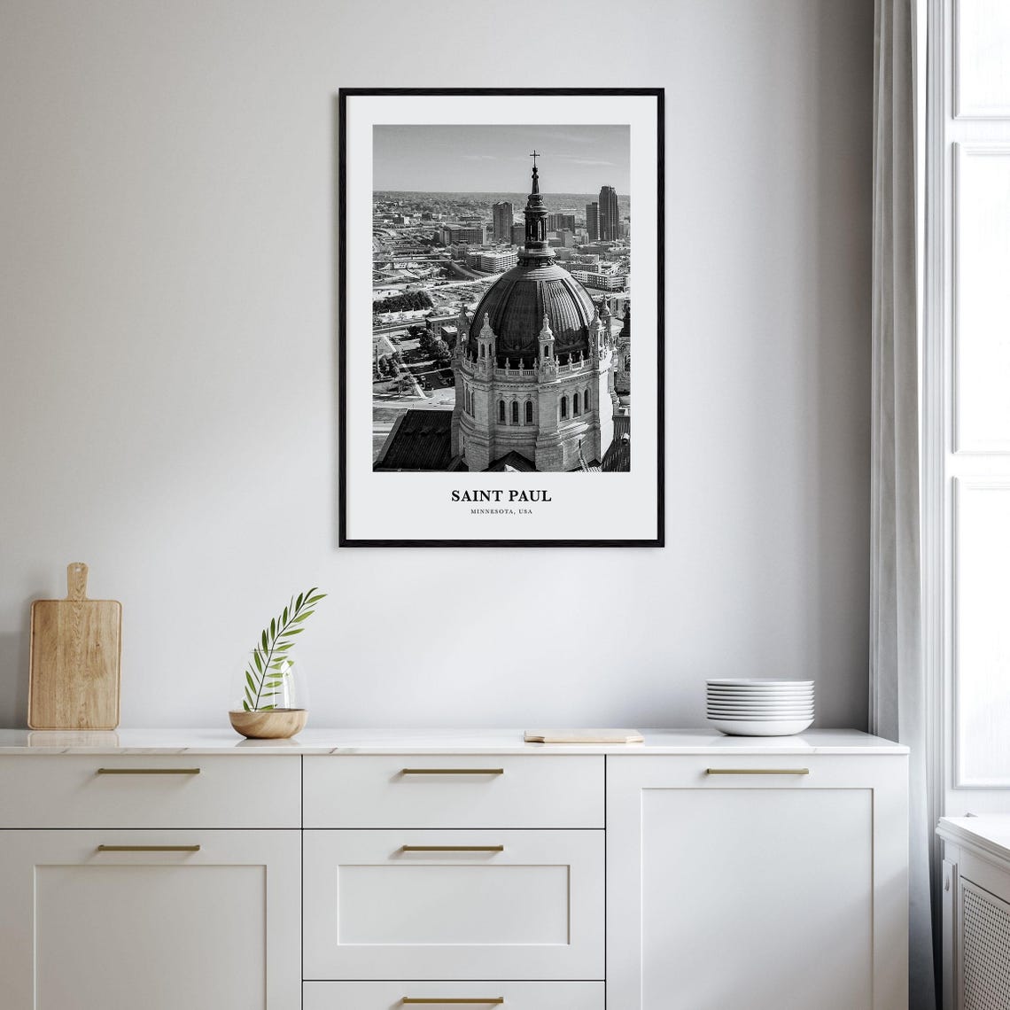 Saint Paul Minnesota Cathedral Dome And Skyline Black And White Poster - Image 2