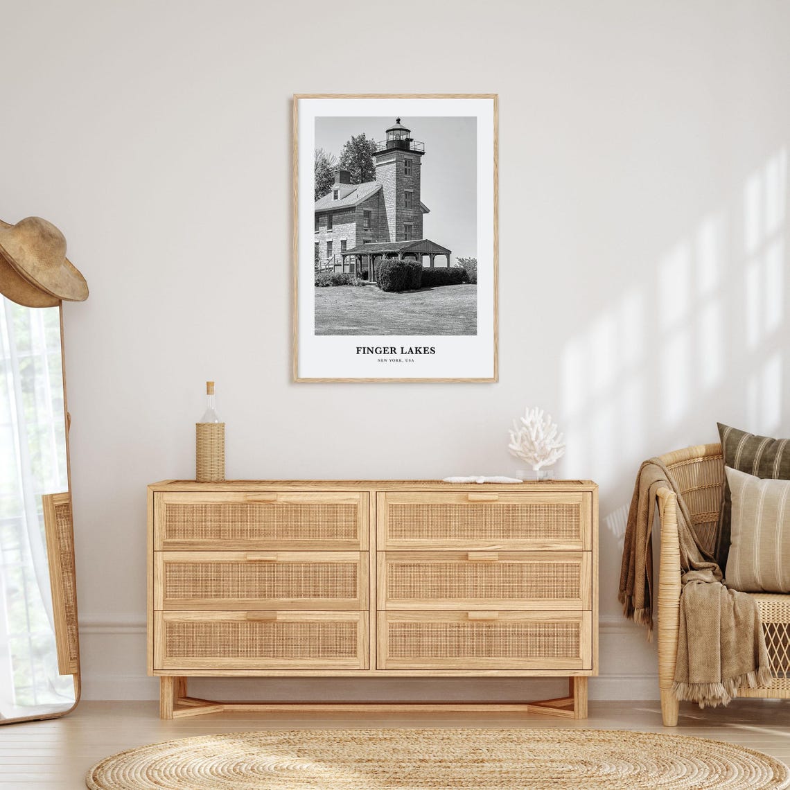 Finger Lakes New York Stone Lighthouse Black and White Poster - Image 3