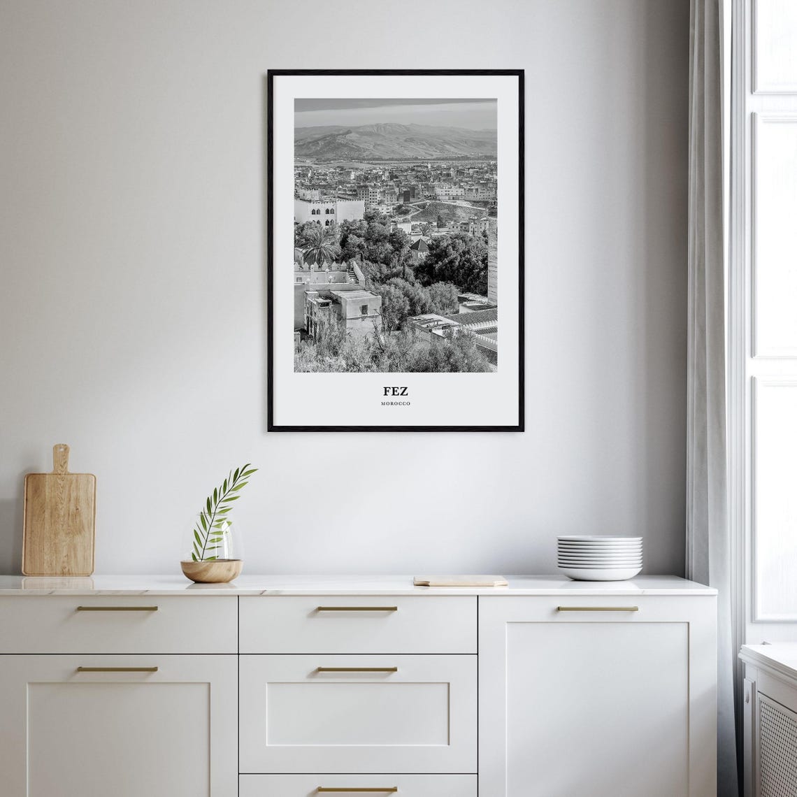 Fez Morocco Medina Rooftops Mountains Black and White Poster - Image 2