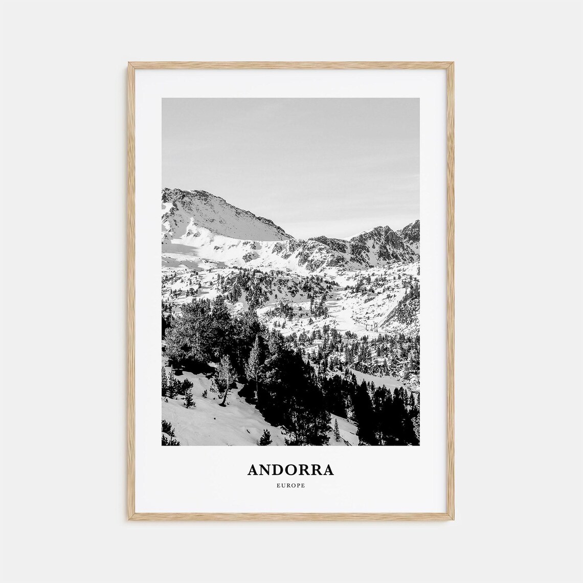 Andorra Snowy Pyrenees Mountains Black and White Winter Poster