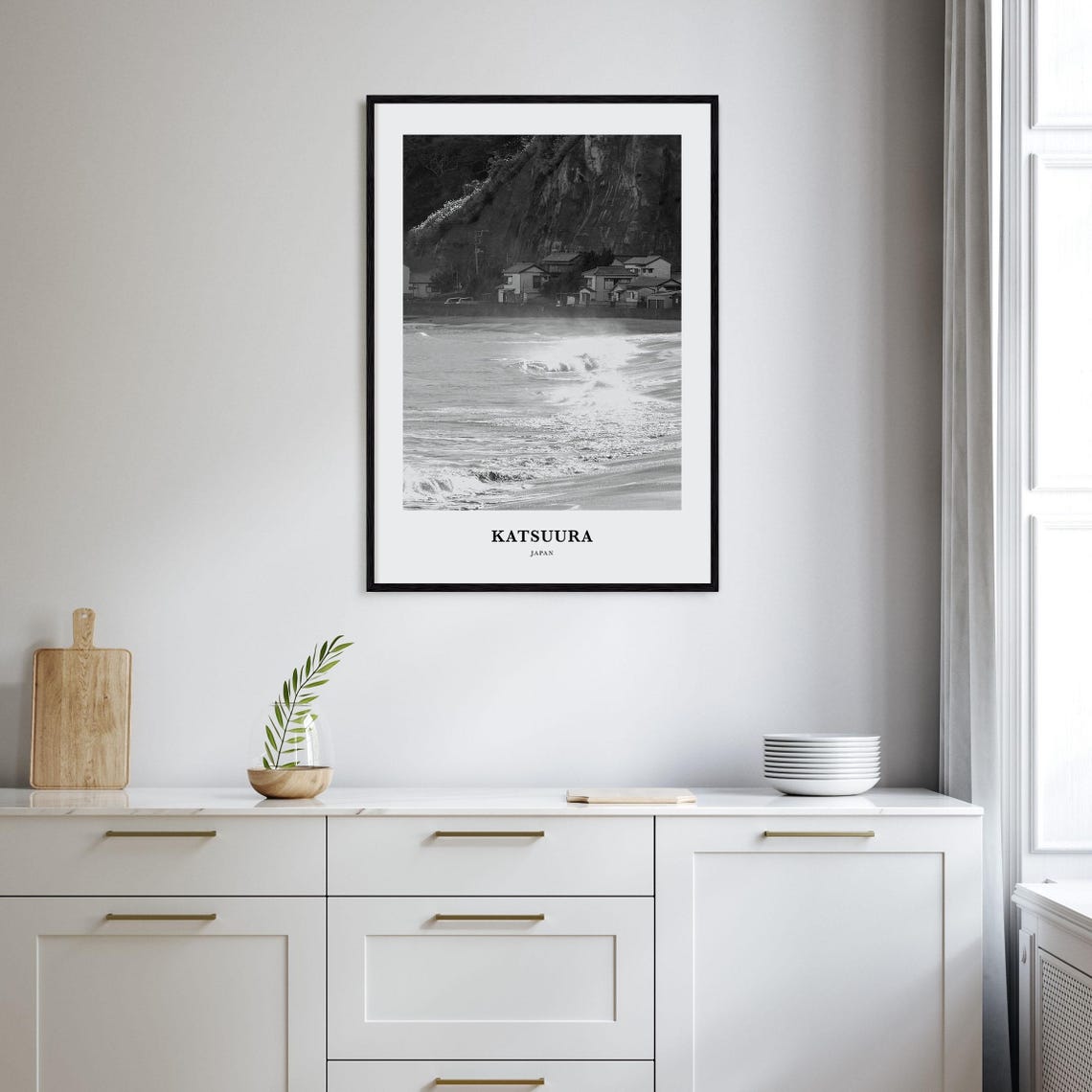 Katsuura Japan Black and White Coastal Village Beach Scene Poster - Image 2