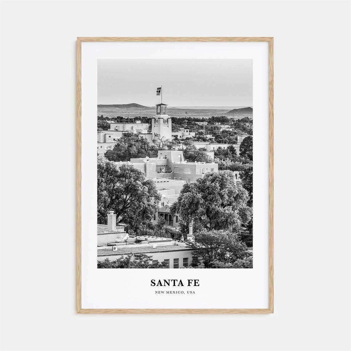 Santa Fe New Mexico Adobe Old Town Cityscape Black White Poster