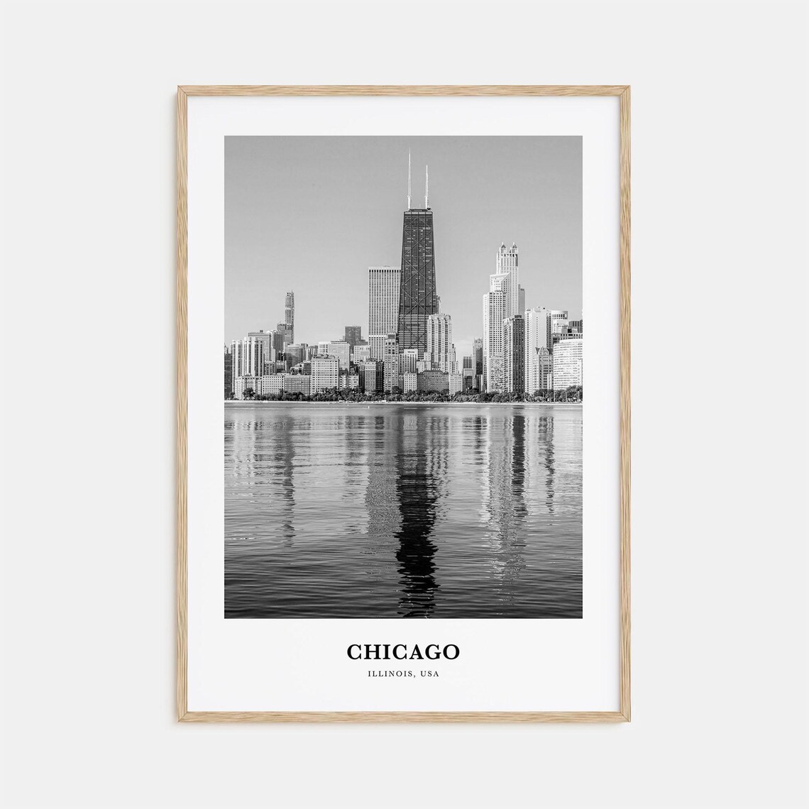 Chicago Skyline Lake Michigan Reflection Black and White Travel Poster