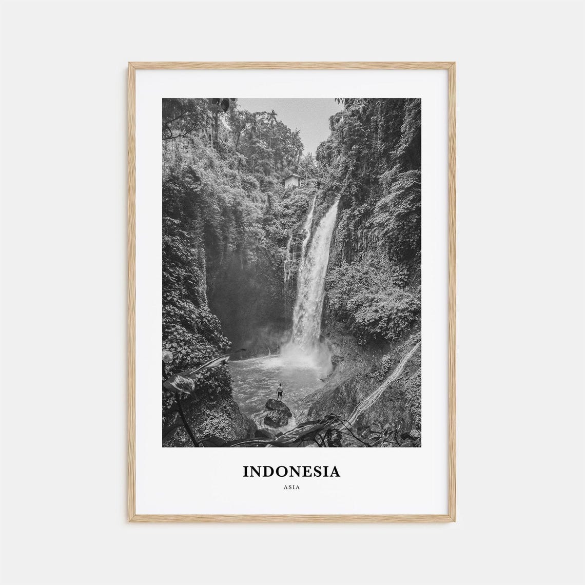 Indonesia Jungle Waterfall Plunge Pool Black and White Photo Print
