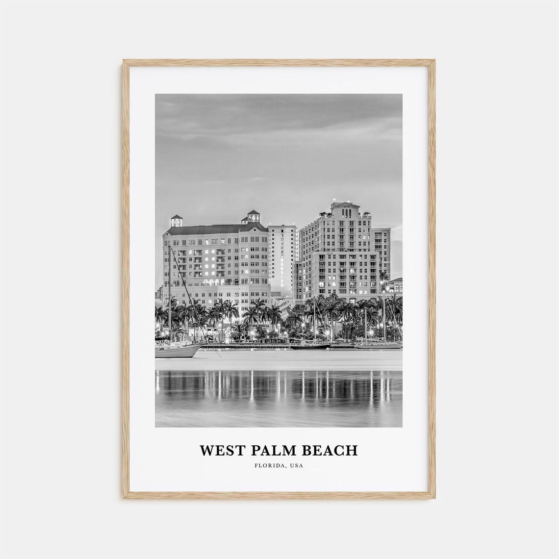 West Palm Beach Florida Waterfront Skyline Black White Poster