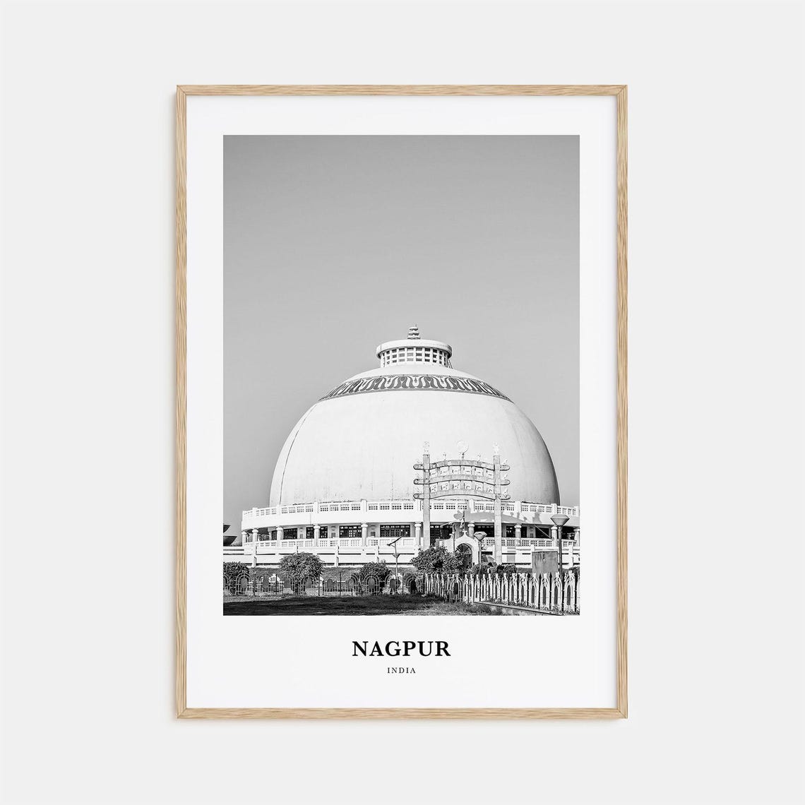 Nagpur India Buddhist Monument Stupa Black And White Travel Poster
