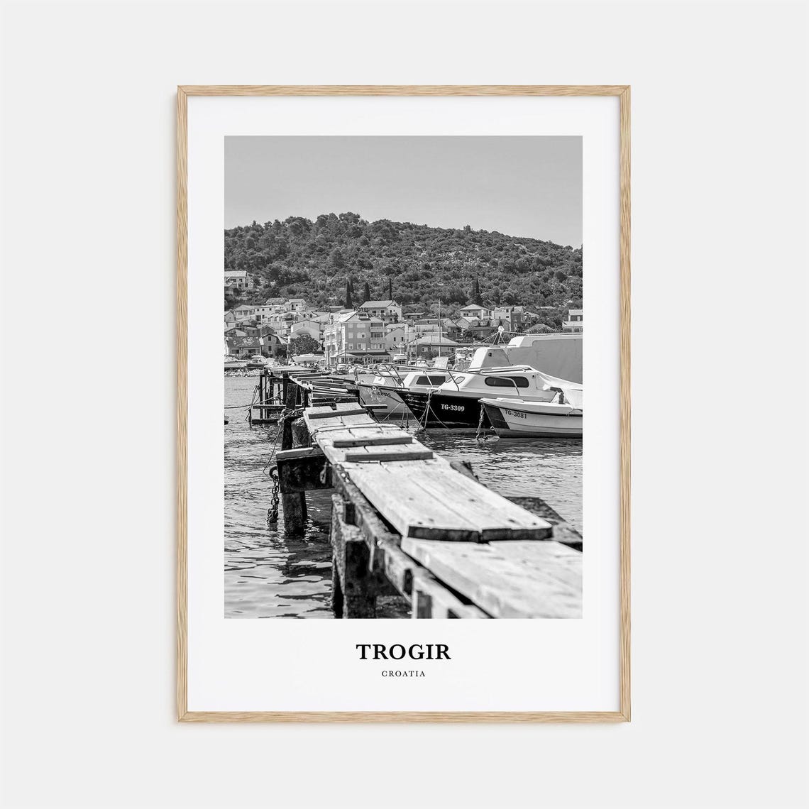 Trogir Croatia Wooden Pier Harbor Boats Black and White Poster