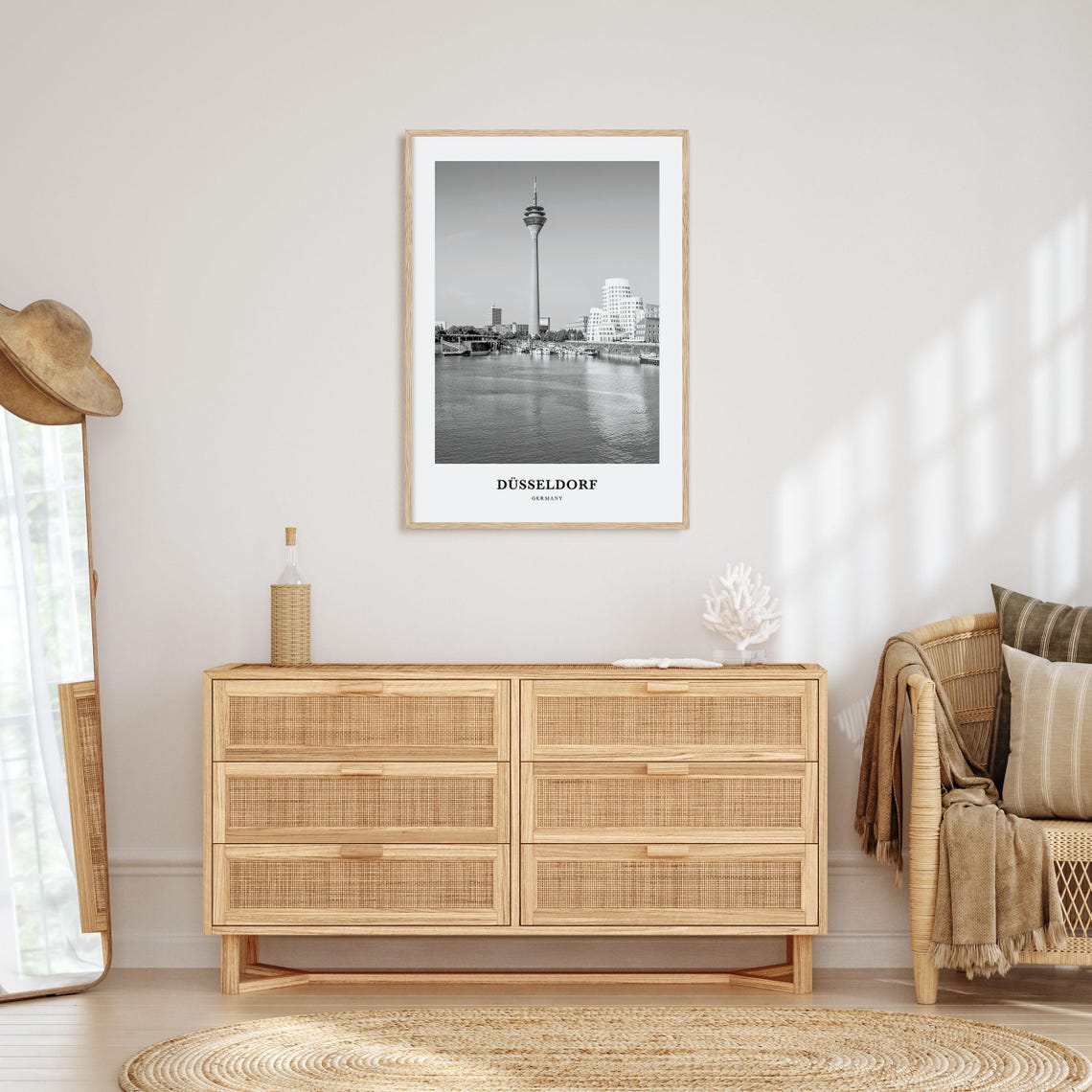 Dusseldorf Rheinturm Tower at the Harbour Black and White Poster - Image 3