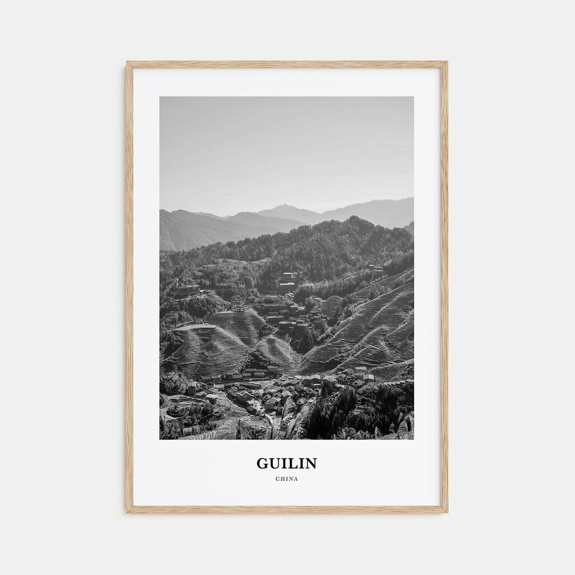 Guilin China Terraced Rice Fields Mountains Black White Travel Poster