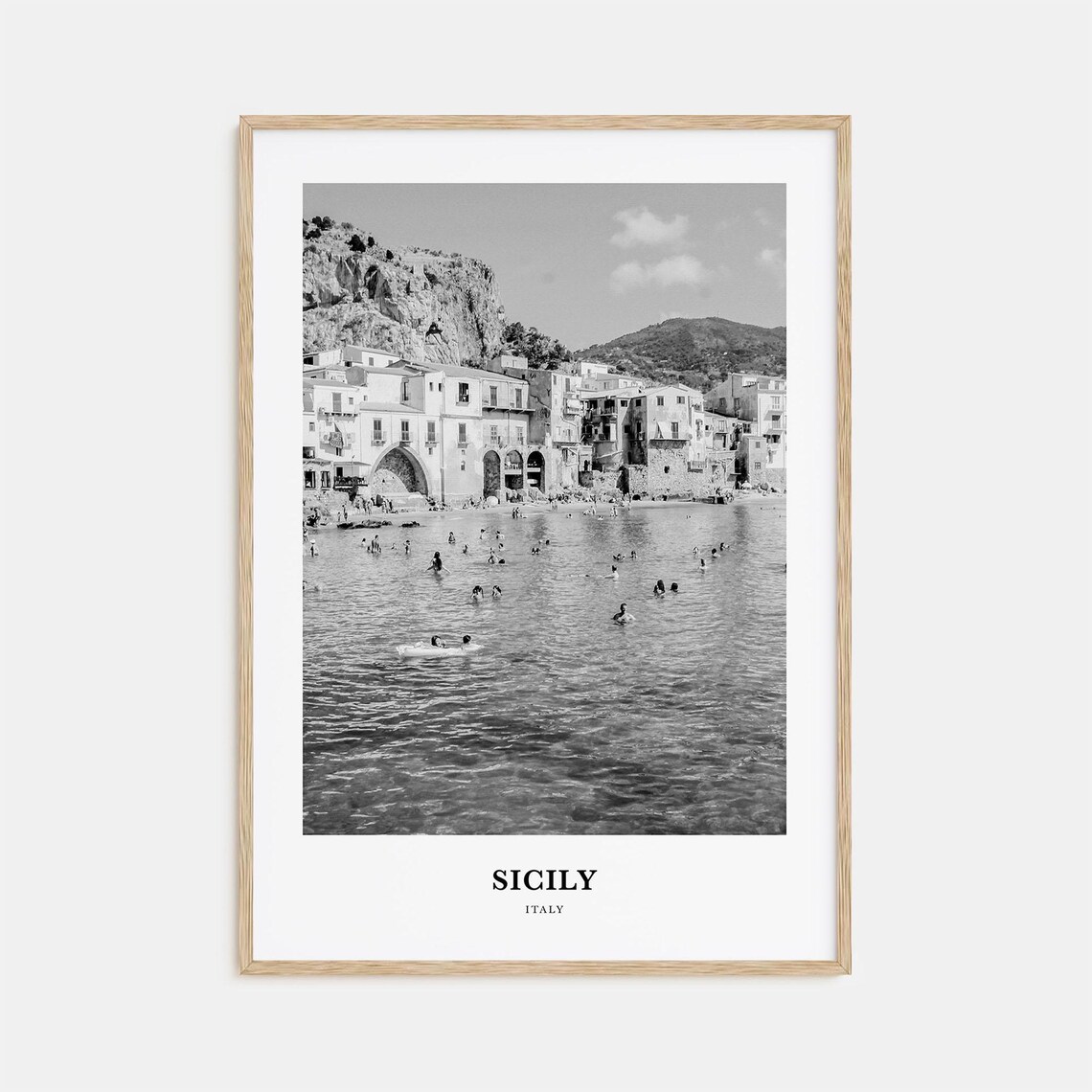 Sicily Italy Cefalu Beach Town Black and White Coastal Poster