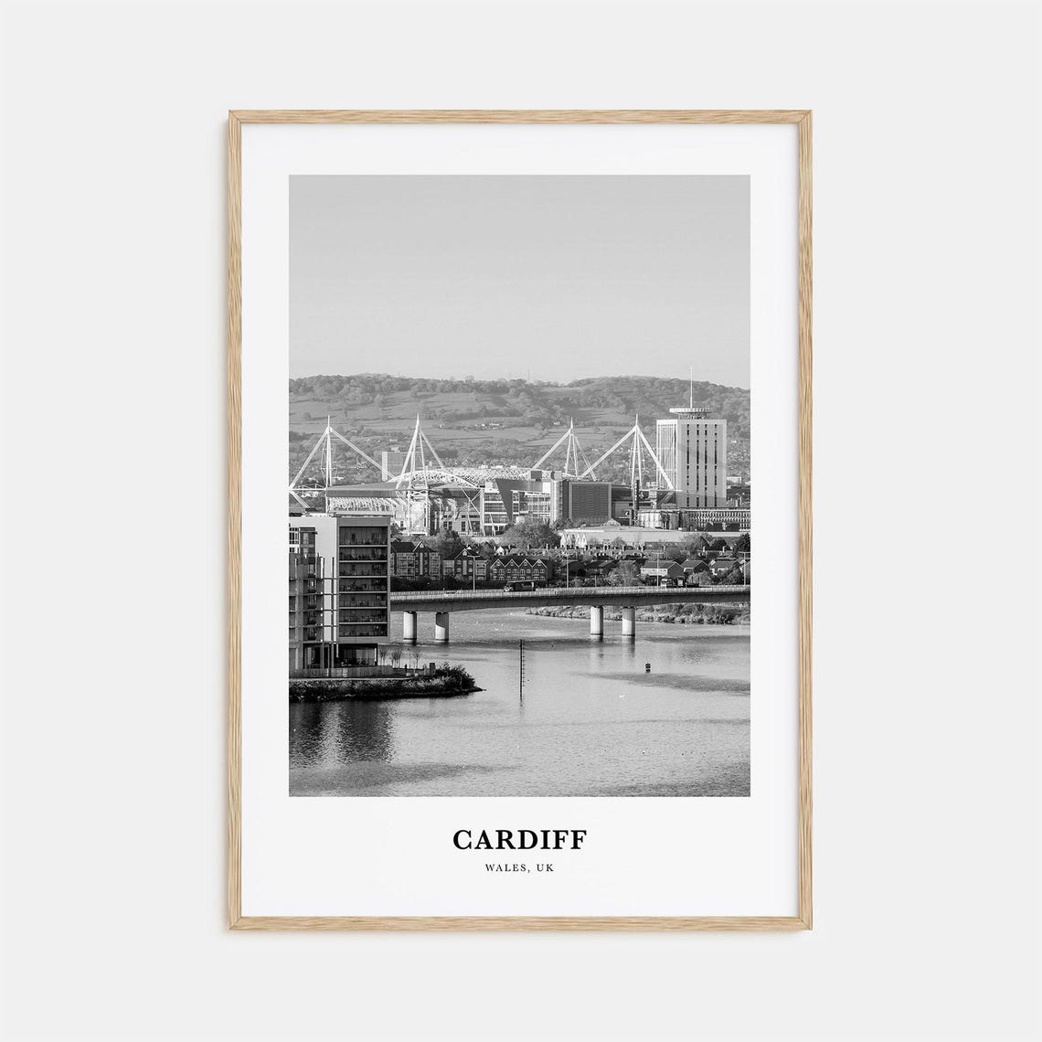 Cardiff Wales Riverside City Skyline Black White Travel Poster